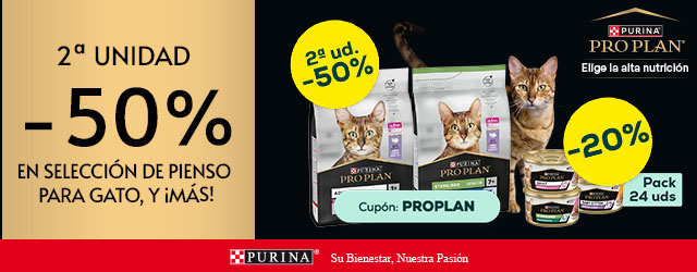 Pro Plan: -50% en la 2ª unidad en selección de pienso para gato 3 kg, -20% en selección de packs de húmedo para gato 24 x 85g 