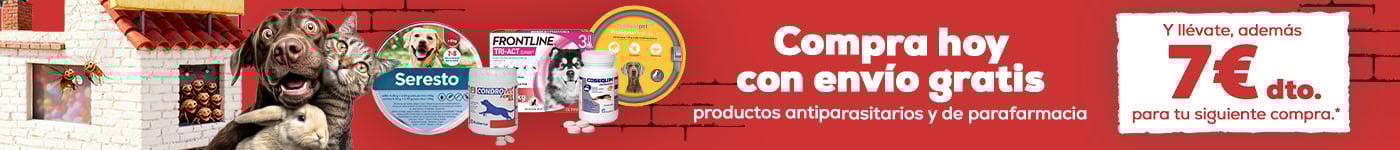 Compra hoy con envío gratis productos antiparasitarios y de parafarmacia y llévate, además 7€ de descuento para tu siguiente compra