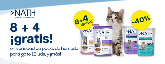 Nath: 8 + 4 gratis en packs de 12 uds. de comida húmeda y -40% en packs de 6 uds. de snacks para gato