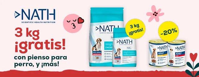 Nath:  3 Kilos gratis con selección de pienso para perro 12 kg, y -20% en selección de packs de húmedo para perro 12 uds