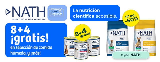 Nath: 8 + 4 gratis en selección de packs de húmedo para perro, y -50% en la 2ª unidad en selección de snacks para perro