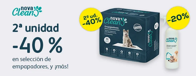 Nova Clean: -40% en la 2ª unidad de empapadores atrae micciones para perro 50 uds., y -20% en selección de accesorios de higiene sanitaria para perro