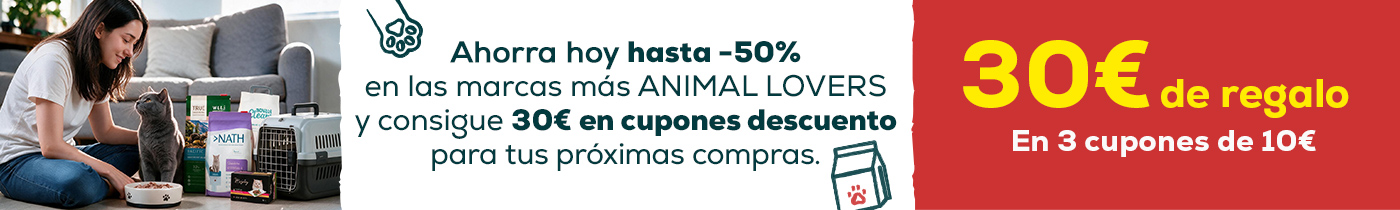 Hasta -60% en las marcas más ANIMAL LOVERS y consigue 30€ de regalo en 3 cupones de 10€