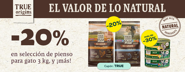 True Origins Pure: -20% en selección de pienso para gato 3 kg, y más de -30% en selección de packs de húmedo para gato