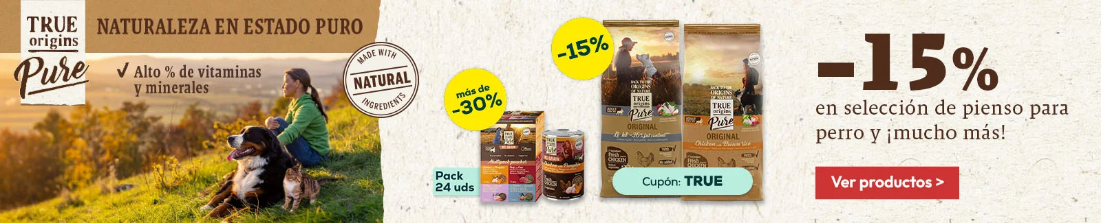 True Origins Pure: -15% en selecci&oacute;n de pienso y -33% en selecci&oacute;n de comida h&uacute;meda para perro
