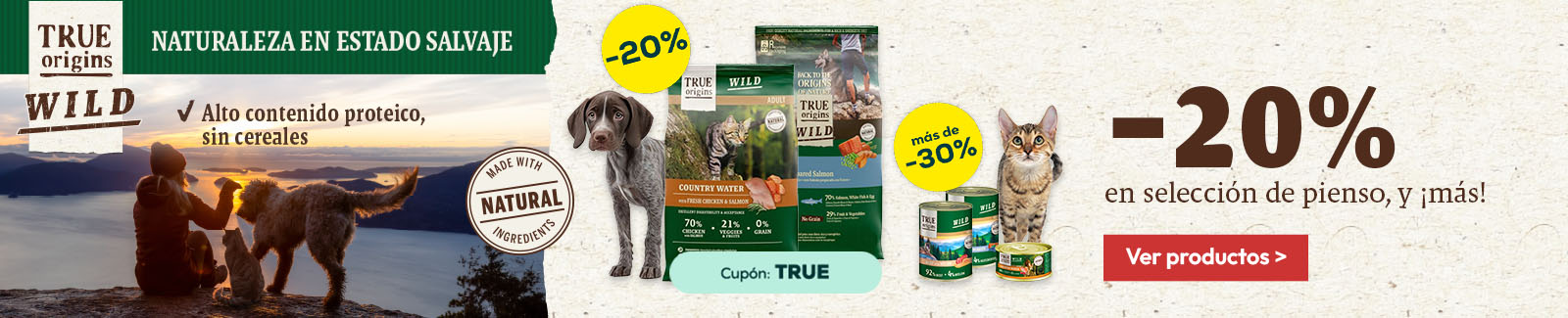 True Origins Wild: -20% en pienso para perro 12 kg, y m&aacute;s de -30% en selecci&oacute;n de packs de h&uacute;medo para perro y gato