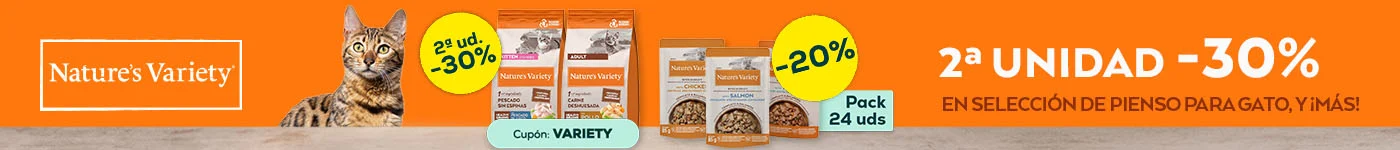 Nature´s Variety: -30% en la 2ª unidad en selección de pienso para gato 3kg, y -20% de selección de pack de húmedo para gato 24 uds