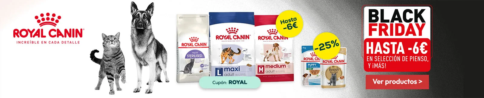 Royal Canin: Hasta -6€ en selección de pienso, y -25% en selección de packs de húmedo 24 uds