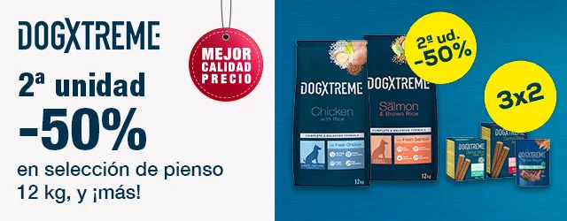 Dogxtreme: -50% en la 2ª unidad en selección de pienso 12 kg, 3 x 2 en selección de snacks