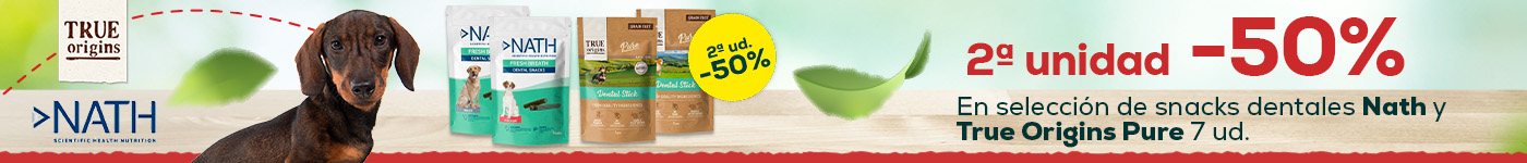 Snacks dentales: -50% en la 2ª unidad en selección de snacks dentales Nath y True Origins Pure 7 uds.