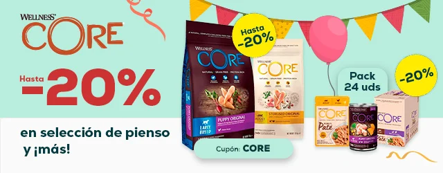 Wellness Core: Hasta -20%  en selección de pienso, y -20% en selección de packs de húmedo