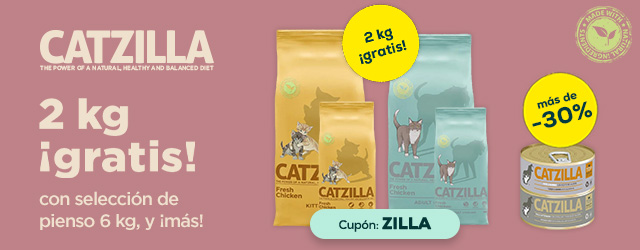 Catzilla: 2 Kilos gratis con selección de pienso 6 kg, y más de -30% en selección de packs de húmedo 24 x  90 y 100 g.