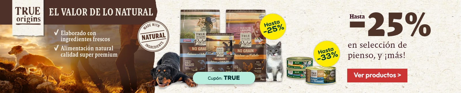 True Origins: Hasta -25% en selección de pienso, y más de -30% en selección de packs de húmedo