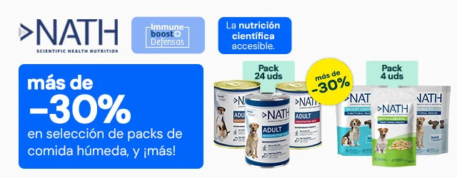 Nath: Más de -30% en selección de packs de comida húmeda, y más de -30% en selección de packs de snacks para perro 4 x 150g.