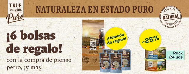 True Origins Pure: 6 sobres de húmedo de regalo con selección de pienso para perro, y -25% en selección de packs de húmedo para perro