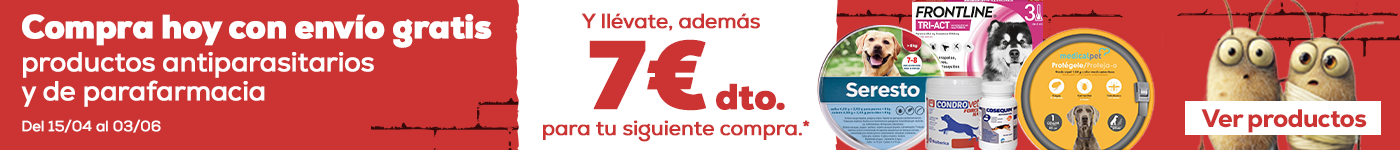 Compra hoy con envío gratis productos antiparasitarios y de parafarmacia del 08/04 al 03/06 y llévate, además 7€ dto. para tu siguiente compra