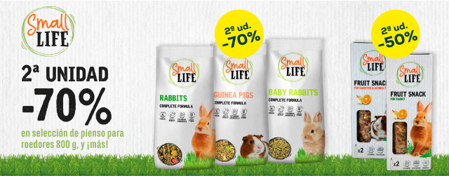 Small Life:  -70% en la 2ª unidad en selección de pienso para roedores 800 g., y -50% en la 2ª unidad en selección de snacks barritas fruta para roedores 