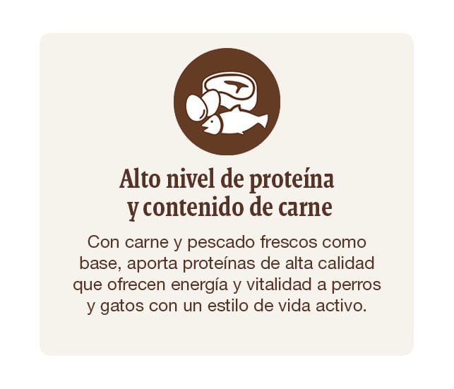 Alimentación con alto  nivel de proteína que aporta energía y vitaminas a perros y gatos con une stilo de vida activo