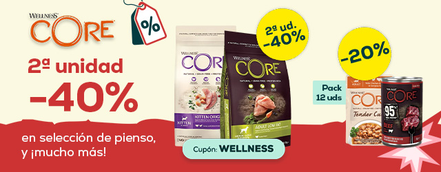 Wellness Core: -40% en la 2ª unidad en selección de pienso, -20% en selección de packs de húmedo 12 uds