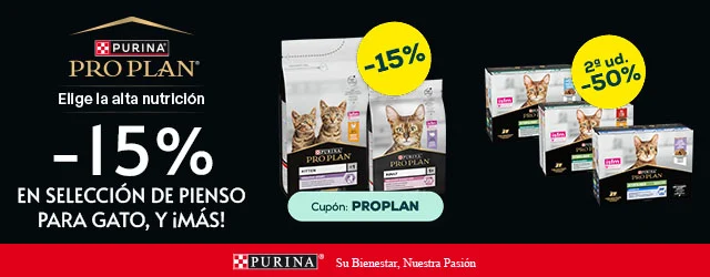 Pro Plan: -15% en selección de pienso, y -50% en la 2ª unidad en selección de packs de húmedo para gato