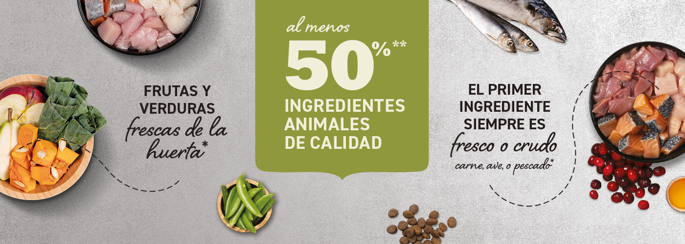 Acana ofrece al menos un 50% de ingredientes animales de calidad con el primer ingrediente fresco o crudo y frutas y verduras frescas.