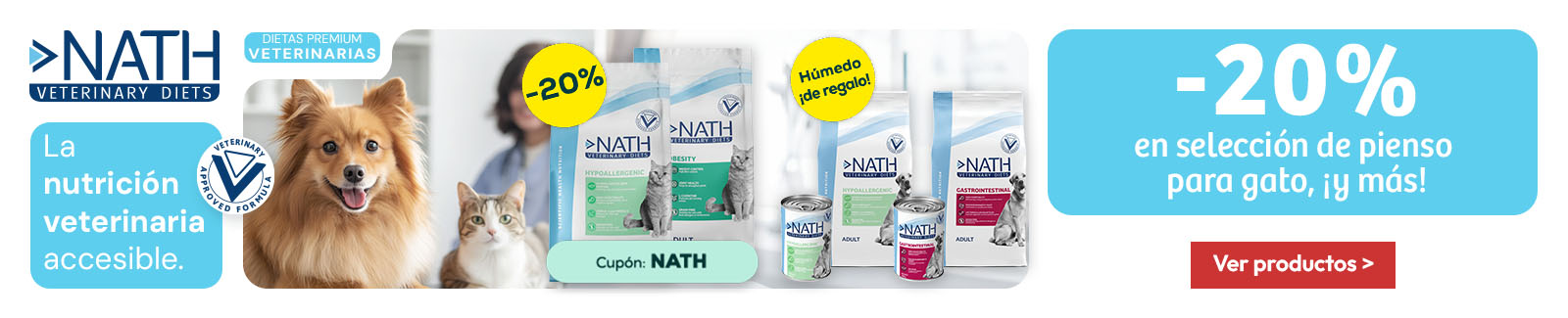 Nath Veterinary Diets: -20% en pienso para gato 4 kg, y 3 latas de h&uacute;medo de regalo con pienso hipoalerg&eacute;nico para perro 2,5 kg