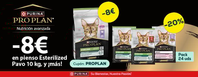 Pro Plan: -8 € en pienso Esterilized Pavo 10 kg, y -20% en selección de packs de húmedo para gato 24 x 85g