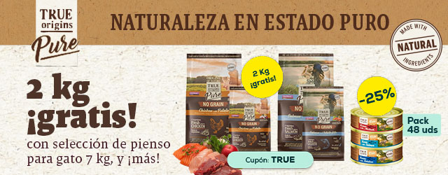 True Origins Pure: 2 kilos gratis con selección de pienso para gato 7 kg, y -25% en selección de packs de húmedo para gato 48 x 85g.