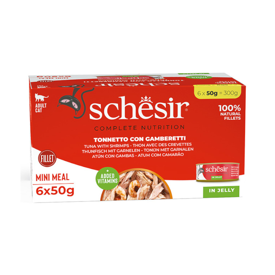 Schesir – Comida húmeda para gatos adultos Schesir atún con gambas 6 x 50 g. 300 g