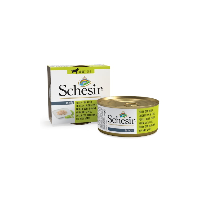 Schesir – Comida húmeda para perros adultos Schesir filetes de pollo con manzana en gelatina 150 g.