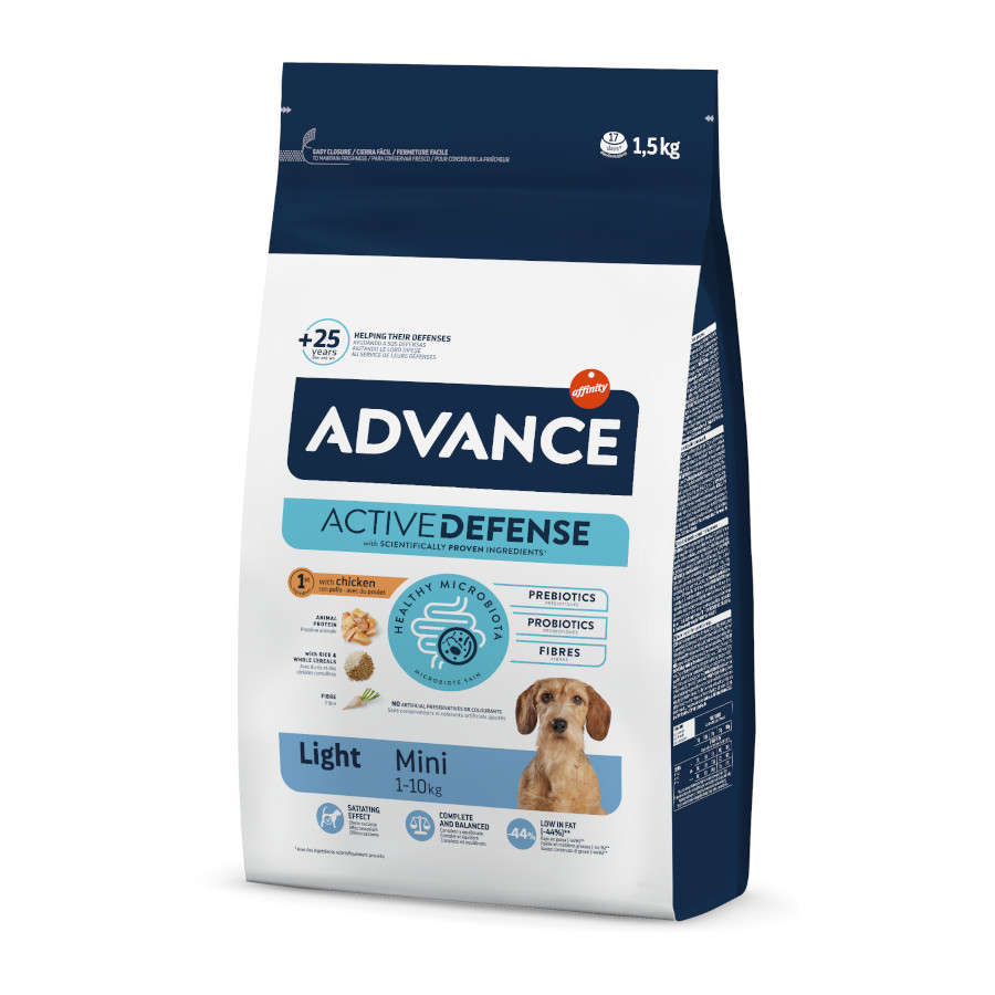 Advance – Pienso para perros adultos mini Advance Light pollo y arroz. 1,5 Kg