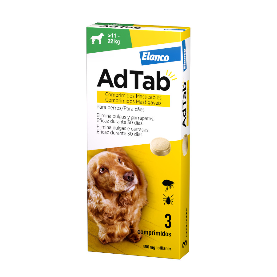 Elanco – Comprimidos masticables antiparasitarios para perros Pequeños >11-22kg Adtab Elanco 450mg 3 ud. Talla Única