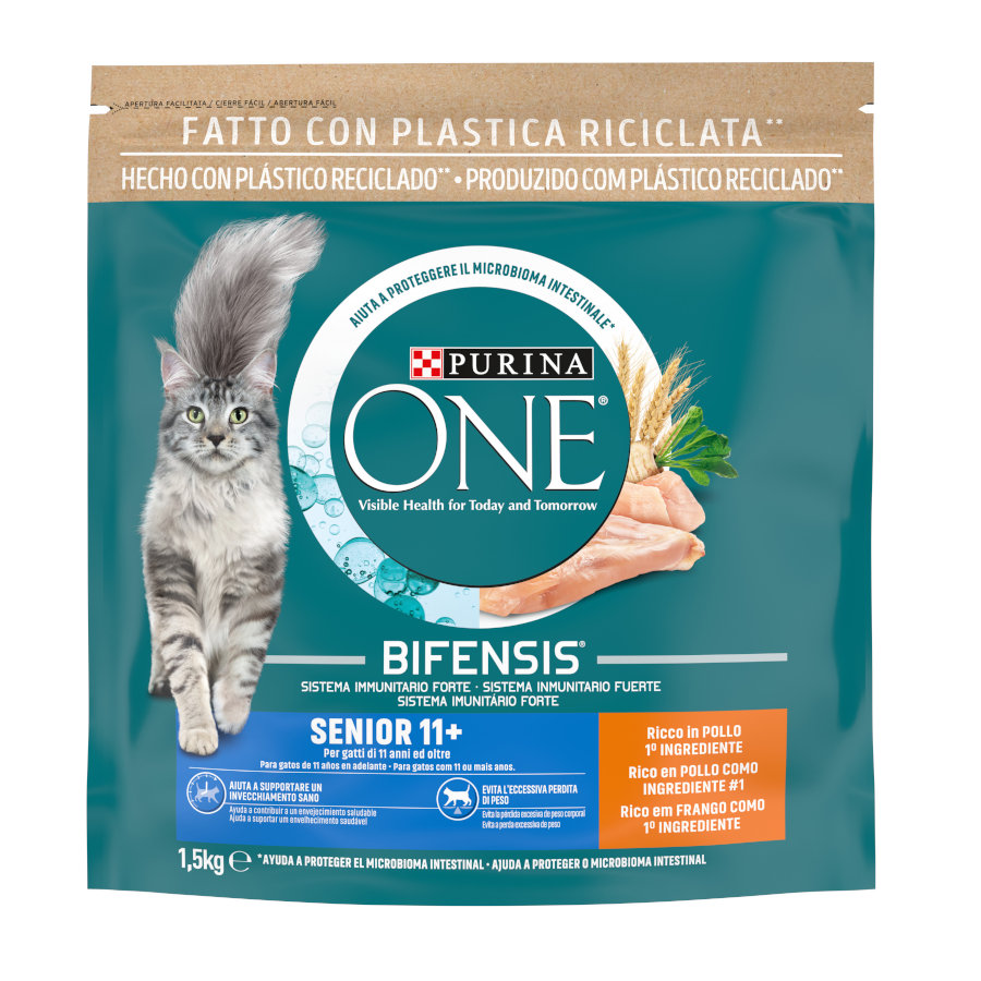 Purina One – Pienso para gatos Senior 11+ Purina One Bifensis pollo y cereales integrales 1,5 kg.