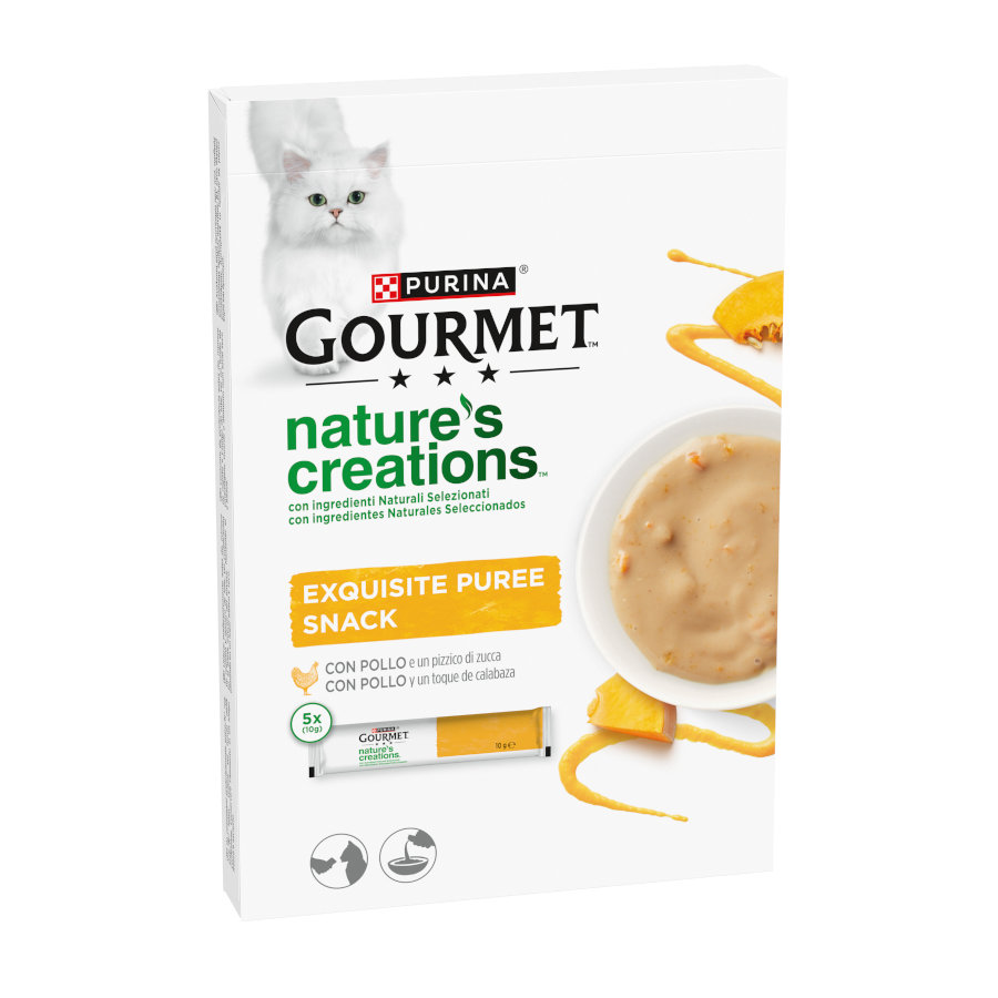 Gourmet Nature’s Creations – Snack para gatos adultos Purina Gourmet Nature’s Creations puré con pollo 5 x 10 g. Talla 5 uds