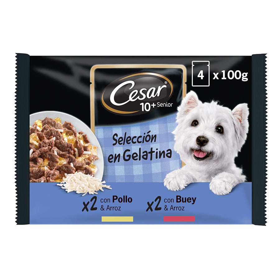 Cesar – Comida húmeda para perros sénior Cesar +10 selección en gelatina 4 x 100 g.