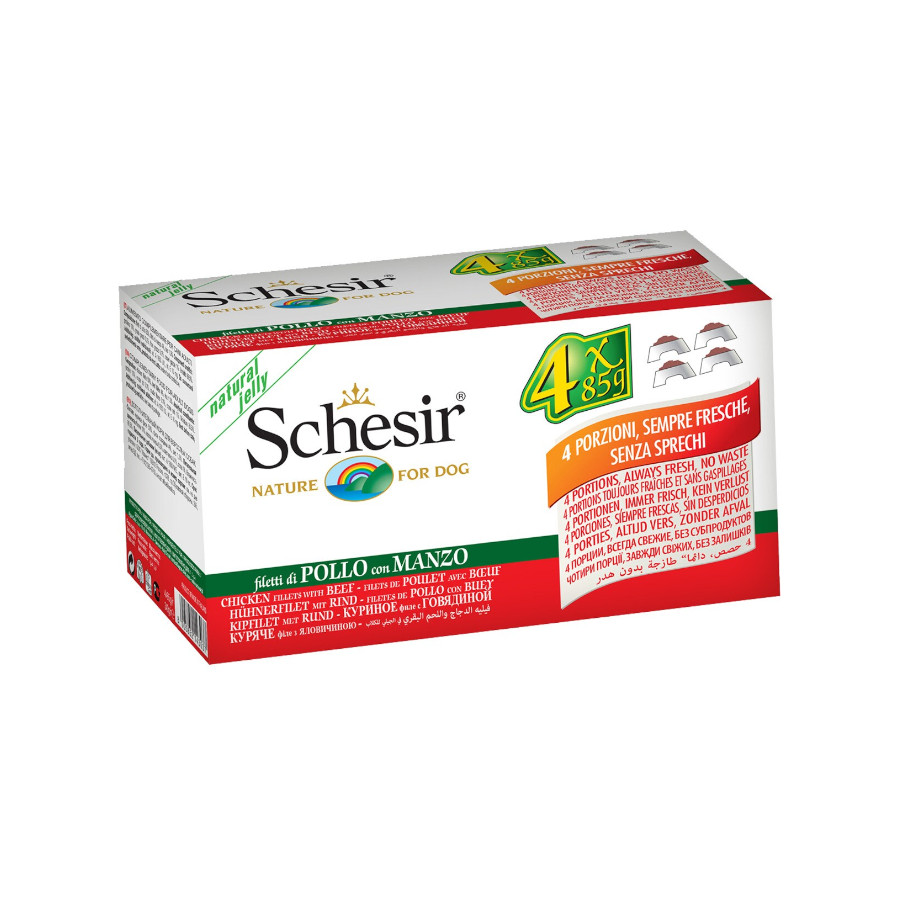 Schesir – Comida húmeda para perros adultos minis Schesir gelatina pollo con buey 4 x 85 g.