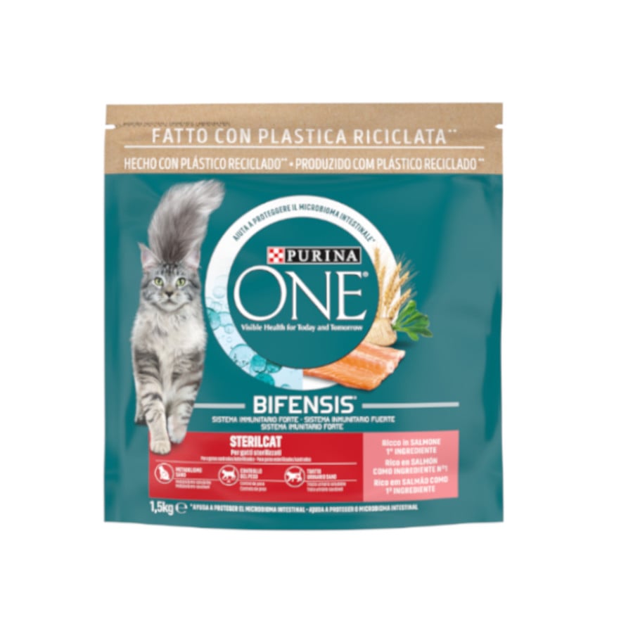 Purina One – Pienso para gatos adultos esterilizados Purina One Bifensis salmón y trigo. 1,5 Kg