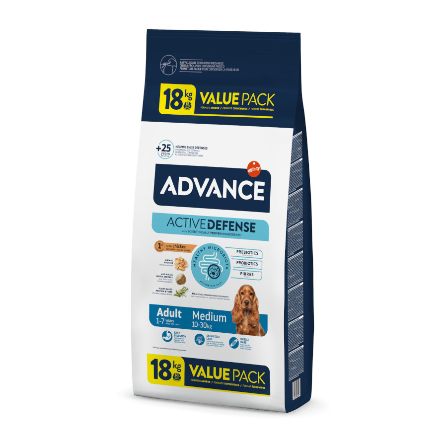 Advance – Pienso para perros adultos Advance Medium pollo y arroz. 18 Kg
