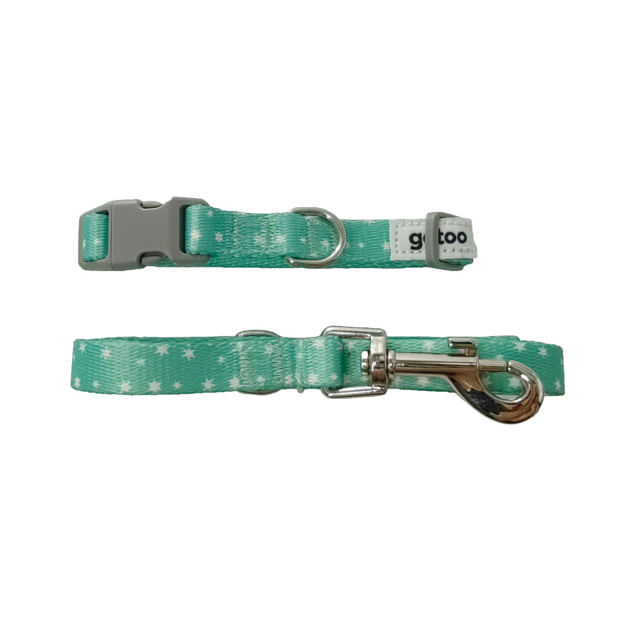 Gotoo Set Correa y Collar estampado con estrellas verde para perros