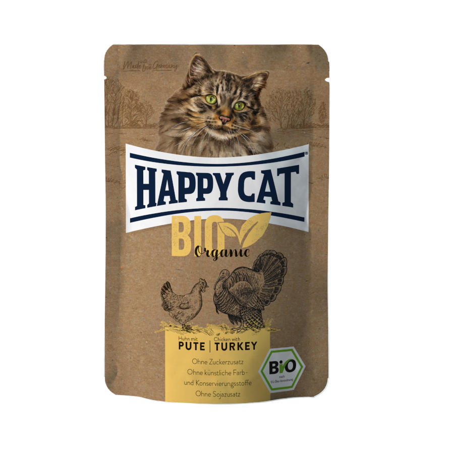 Imagen de Happy Cat Adultos Bio Organic Pollo y Pavo sobre en salsa