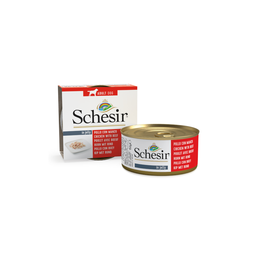 Schesir – Comida húmeda para perros adultos Schesir filetes de pollo con buey en gelatina 150 g.