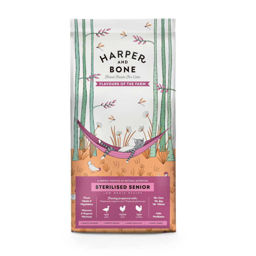 Harper and Bone – Pienso para gatos sénior esterilizados Harper and Bone sabores de granja pato, pollo y pavo 2 kg.