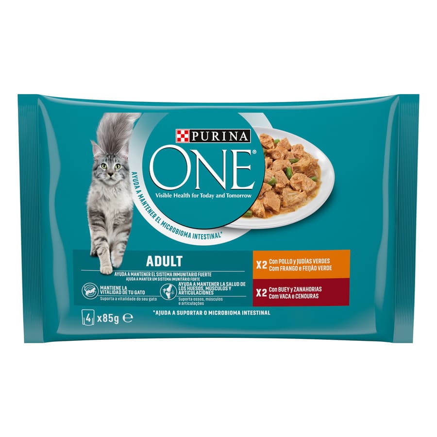 Purina One – Comida húmeda para gatos adultos Purina One pollo y buey 4 x 85 g.