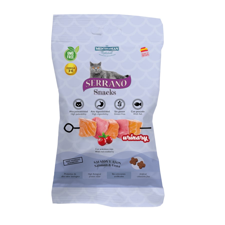 Mediterranean Natural – Snack funcional para gatos adultos Mediterranean Natural Serrano Urinary salmón y atún 50 g.