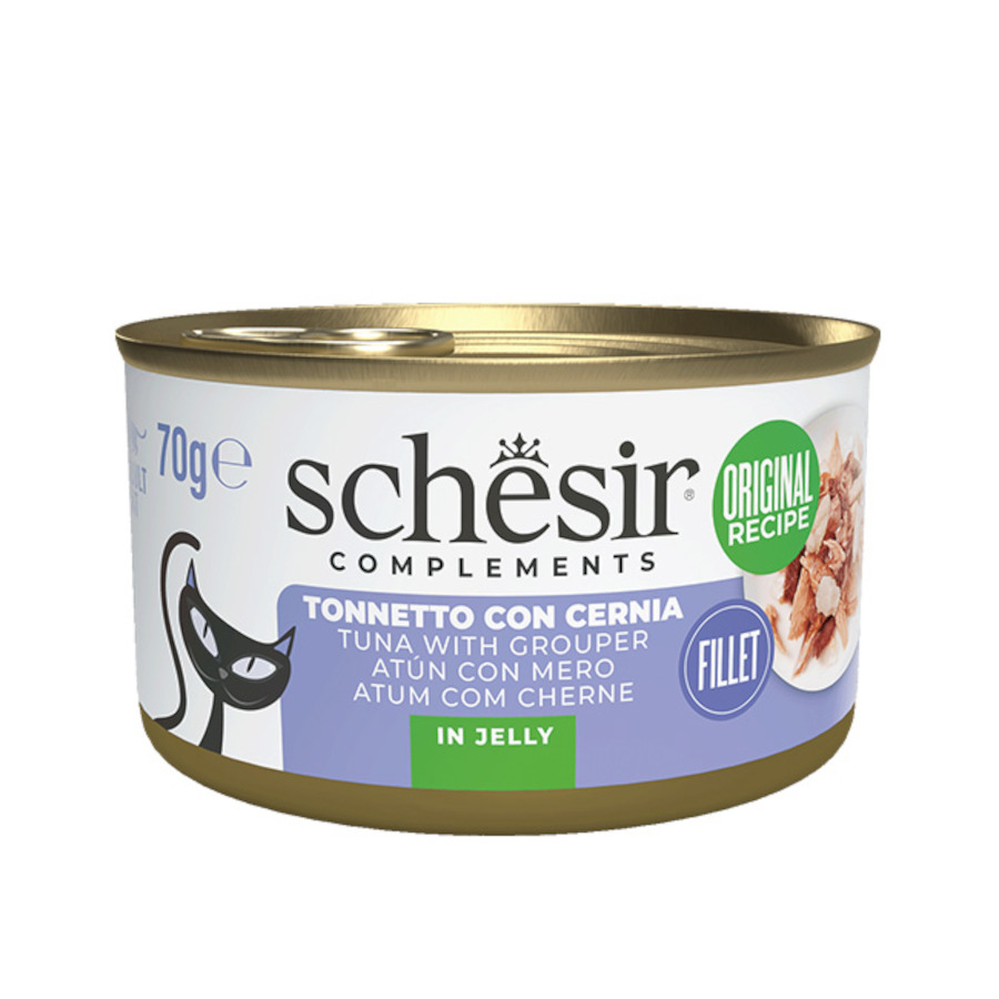 Schesir – Comida húmeda para gatos adultos Schesir atún con mero en gelatina 70 g.