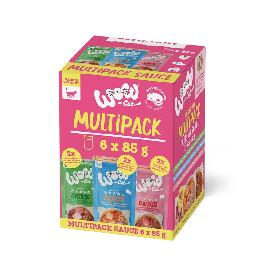 Wow – Comida húmeda para gatos adultos Wow multipack pollo, ternera y salmón en salsa 6 x 85 g.