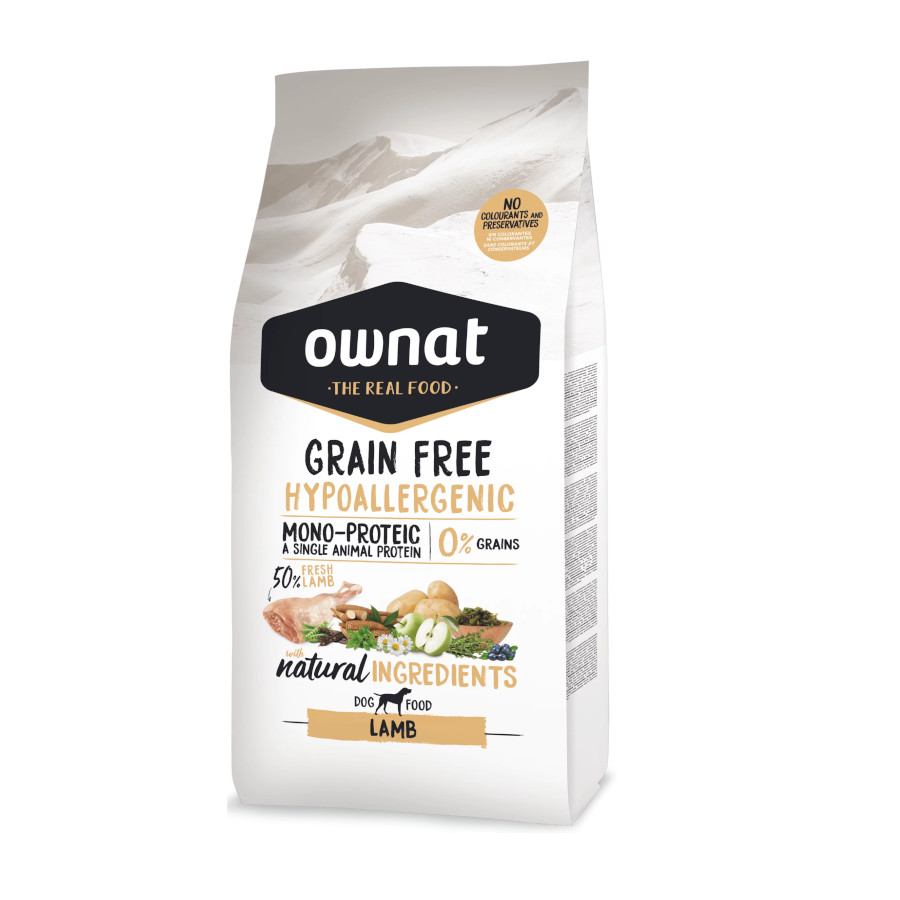 Ownat – Pienso para perros adultos medianos y grandes Ownat Grain Free Hipoallergenic cordero. 12 Kg