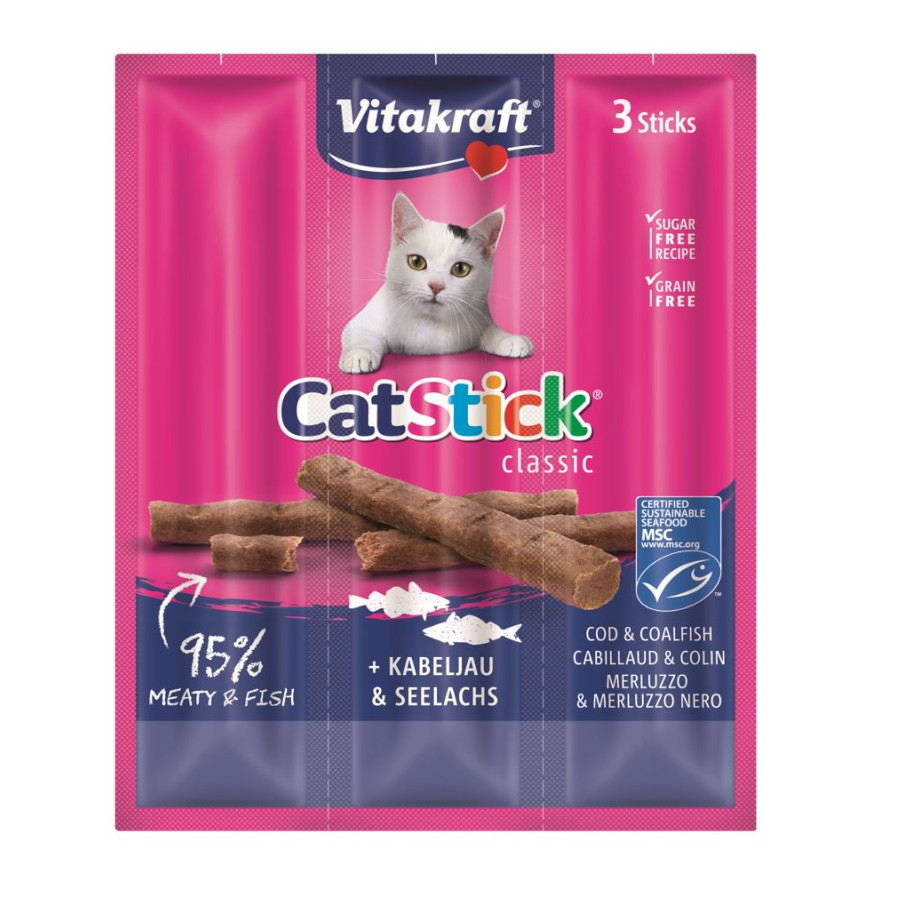 3 barritas Vitakraft Cat Stick Classic con Bacalao y Atún