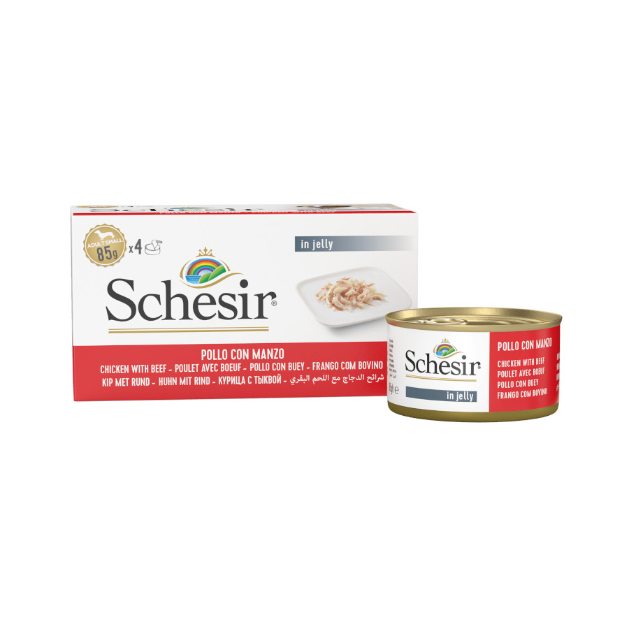 Schesir – Comida húmeda para perros adultos minis Schesir gelatina pollo con buey 4 x 85 g. 340 g