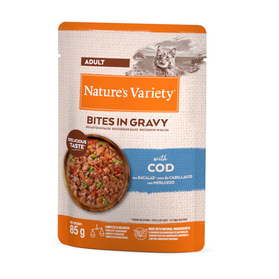 Nature’s Variety – Comida húmeda para gatos adultos Nature’s Variety bocaditos en salsa bacalao 85 g.